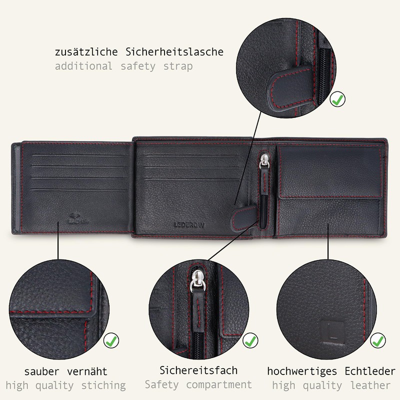 LEDEROW Men's Leather Wallet Black/Red – Landscape Format Wallet with