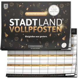 DENKRIESEN Stadt Land Vollpfosten - New Year's Eve Edition | Party Game from 9 Years for 2+ Players | 26 Categories | City Country River | Board Game for the New Year | Word Game
