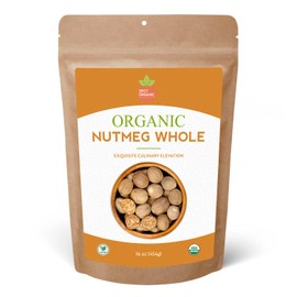 Spicy Organic Premium Nutmeg 16 oz (454g) | Whole Nutmeg (Jaiphal/Nuez Moscada) | USDA Organic, Gluten Free, Non-GMO, 100% Natural | Ideal for Coffee, Tea, Curries, Sauces & Baking