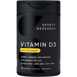 Sports Research Vitamin D3 5000iu (125mcg) with Coconut Oil ~ High Potency Vitamin D for Immune & Bone Support ~ Non-GMO Verified, Gluten & Soy Free (360 Mini-Liquid Softgels)