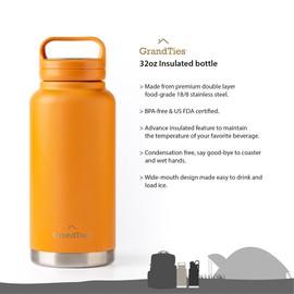 GRANDTIES 2 Lids Sports Stainless Steel Water Bottles – Wide Mouth Vacuum Insulated Reusable Leak Proof BPA-Free Travel Metal Canteen, Thermos Bottles for Men Women Gym (Carrot 32 oz)