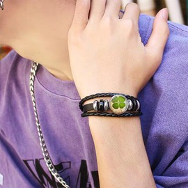 Four Leaf Clover Bracelet for Women Men Irish Shamrock St Patricks Charm Beaded Adjustable Bangle Woven Leather Braided Inspired Couple Bracelets Promise Jewelry Gifts St. Patrick's Day (Style 2)