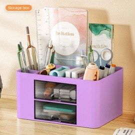 Drawer Organizers, 4 sections & 2 drawers Pen Holder for Desktop Storage, Desk Organizer, Plastic Makeup Organizer, Desk Organization for School, Home, Office Supplies (Purple)