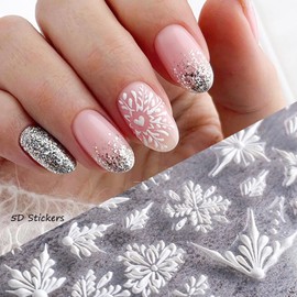 Christmas Nail Art Stickers Decals 5D Embossed Xmas White Snowflake Tree Nail Adhesive Sticker Designs Winter Holiday Engraved Snow Nail Transfer Decal for Women Girls Manicure Tips Decorations