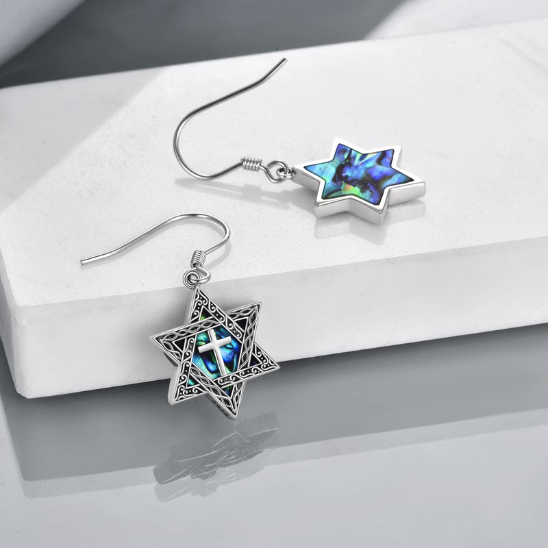 Star of David Earring for Women Sterling Silver Cross Abalone