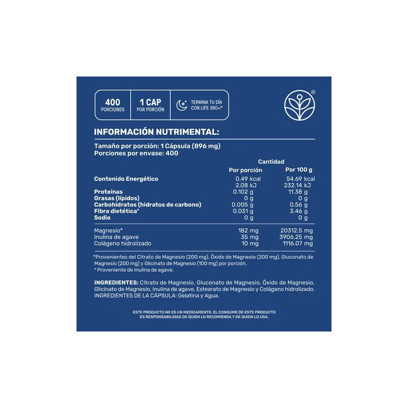 Magnesio Tipos Glicinato Citrato Gluconato Óxido 400 Cápsulas Life360