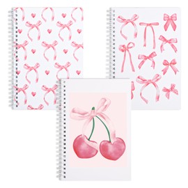 Whaline 3 Packs Pink Bow Spiral Notebook Coquette Pink Cherry Bowknot Lined Notebook Preppy Twin-Wire Binding Journal with 80 Sheets A5 Ruled Paper for Student Home Office Classroom