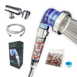 Hard Water Filter Showerhead - Ion Drops Shower head (5 Accs) The Only one With 100% Brass Shower Holder/Anti-Twist Hose/spare rocks - Rainfall Filtered Handheld Shower Head