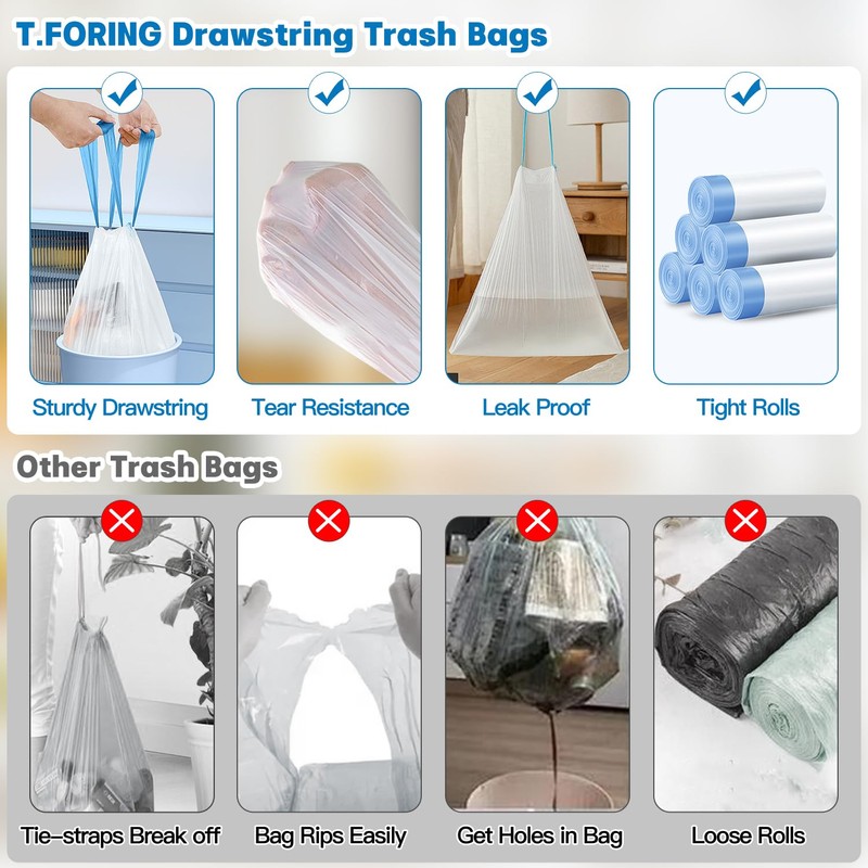 T.FORING 4 Gallon Trash Bags Drawstring 1.1 Mil - 120