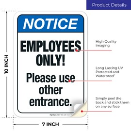 Employees Only Please Use Other Entrance Sign, ANSI Notice Sign, 10x7 Inches, 4 Mil Vinyl Decal Stickers Weather Resistant UV Protected, Made in USA