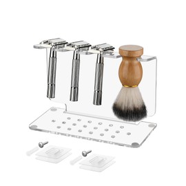 Beautyflier Safety Razor Stand, Clear Acrylic Razor Holder and Shaving Brush Stand, Men's Travel Shaver Stand Compatible with Most Razors and Brushes, Holds 3 Razors and 1 Brush (Stand Only)