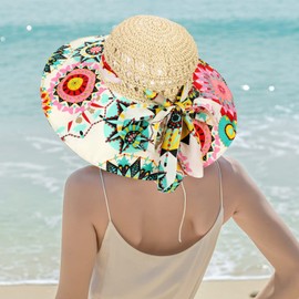 Wide Brim Straw Sun Hat for Women Floppy Beach Hat Foldable Roll Up Summer Sun Protection Hat Bowknot Sun Hat UPF50+ Travel Large Colorful Print Brim Outdoor Straw Panama Hat for Vacation Travel Beach