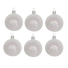 Gisela Graham White Iridescent Glitter Baubles set of six
