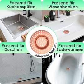 Kitchen Helpis® 2 x Sink Strainer Copper-Coloured Suitable for All Drains, Extra Heavy, 14 g, No Flooding, Made of Rustproof SS304 Stainless Steel, Quick Drain, Strainer for Sink or Hair Strainer