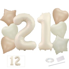 21st Birthday Decoration 12rd Decor 8PCS 40" Giant Number 21 Balloons Ice Cream White Twenty-one Balloons Ivory Caramel Foil Star Balloons For 21 12 Years Old Birthday BOHO Party