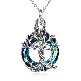 TOUPOP Ashes Jewellery Sterling Silver Tree of Life Urn Necklace for Ashes Cremation Jewelry with Blue Circle Crystal Memory Jewelry for Women