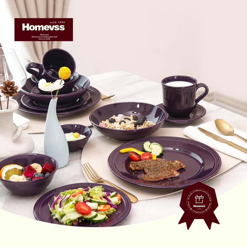 HomeVss, Pearl Dots Stoneware Dinnerware Set (20pc Set, Purple)