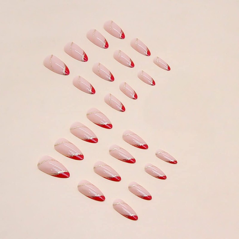 RikView French Tip Press on Almond Acrylic Red Glossy Full