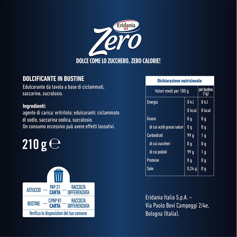 Eridania Zero - Dolcificante Zero Calorie, in Bustine, Confezione da
