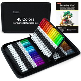 Shuttle Art Permanent Markers, 48 Colors Fine Point, Assorted Colors with Travel Case, Ideal for Adults Coloring Doodling on Plastic, Glass, Wood and Stone, Gift for Kids