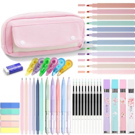 Ristpal 41 Pcs Big Capacity Pencil Pouch with Aesthetic School Supplies, 12 Pastel Highlighters, 5 Black Ink Gel Pens, 6 Mechanical Pencils Set, Sticky Notes, Stationary Set for Student (Pink)
