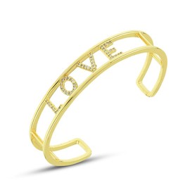 10mm Love Cuff Bangle Bracelet- Adjustable 14K Gold Plated Brass Bracelet - Cubic Zirconia Crystals Love Bracelet for Women - Tag Bracelet