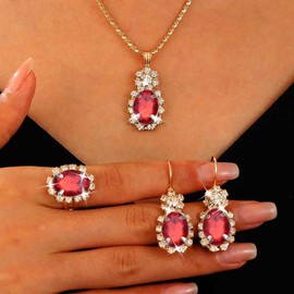 Gold Brides Wedding Earring and Necklace Set Ring Jewellery Set Ruby Crystal Pendant Necklace Red Rhinestone Dangle Earrings Prom Party Cz Teardrop Necklace Bridesmaid Bridal Drop Earrings for Women