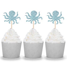 Decoración para cupcakes con diseño de pulpo azul de 24 quilates bajo el mar, para fiestas de cumpleaños, postres, picos de decoración