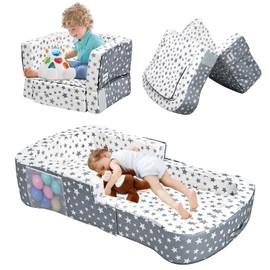 Toddler Travel Bed, Portable Toddler Bed & Chair 2-in-1 – Convertible Travel Crib with Storage Pockets, Built-waterproof Oxford Cloth, Easy,Washable Covers,Soft Dutch Velvet (Stars Pattern)