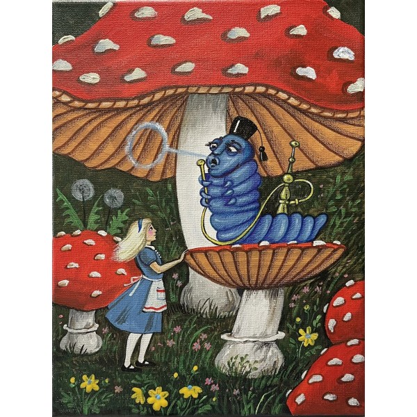 ACEO RYTA Alice In Wonderland print of painting Caterpillar Mushroom