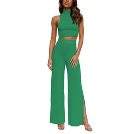 ARTFREE Womens 2 Piece Outfits Sets Casual Sweatsuits Streetwear, Ribbed Knit Palazzo Wide Leg Pants and Cropped Tops Green S