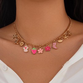 Charm Necklace for Women Dainty Gold Choker Necklaces Conch Shell Pearl Flower Mushroom Starfish Butterfly Charms Gold Jewelry
