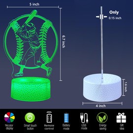 Gucoxny Baseball 3D Night Light,16 Colors Changing with Smart Touch & Remote Control Bedside Decor Lamp Christmas Birthday Gifts for Kids Boys Girls (Baseball Player)