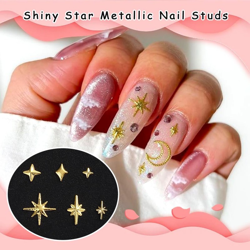 3D Star Metal Nail Art Charms, Mixed Styles Gold Metallic