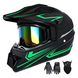 XINGSILUC Youth Kids Motocross Helmet, Adult ATV Dirt Bike Helmet with Goggles Gloves & Mask Quick, Full Face Motorcycle Helmet with Quick Release Buckle DOT Certified-Green,M