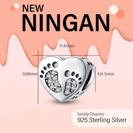 NINGAN Footprint Heart Charm 925 Sterling Silver Beads Compatible with women's bracelet necklace Family gifts