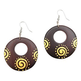 Idin Jewellery - Organic hand-painted spiral sun open disc wooden drop earrings
