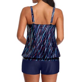 Aqua Eve Two Piece Women's Tankini Swimsuits Blouson Swim Tank Top with Shorts Modest Bathing Suits, Dark Blue Stripes, X-Large