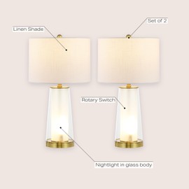 JONATHAN Y JYL1137A-SET2 Tryon 26" Modern Minimalist Glass/Iron Nightlight LED Table Lamp, Brass Gold/Clear (Set of 2), for Living Room, Bedroom, Dining Room
