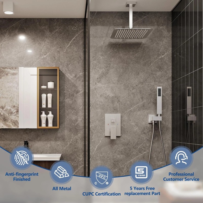 Iriber Ceiling Mounted Shower Faucet Set 8in Rainfall Head Combo