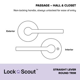 Lock Scout Straight Lever with Round Trim Hall and Closet Door Handle, Matte Black Finish