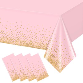 FunnyPars 4 Pack Pink and Gold Plastic Tablecloth for Parties, Disposable Table Cloth Rectangle Tables, Stamping Dot Confetti Light Birthday Wedding Baby Shower Party, 54''x108''