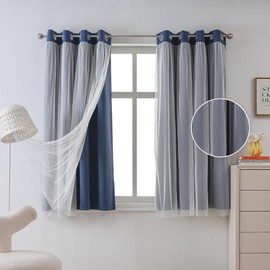 MYSKY HOME Navy Blue Blackout Curtains for Bedroom 63 Inch Long Kids Curtains Thermal Insulated Double Layer Drapes White Polka-Dots Sheer Voile Grommet Room Darkening Window Curtains, 52" x 63"