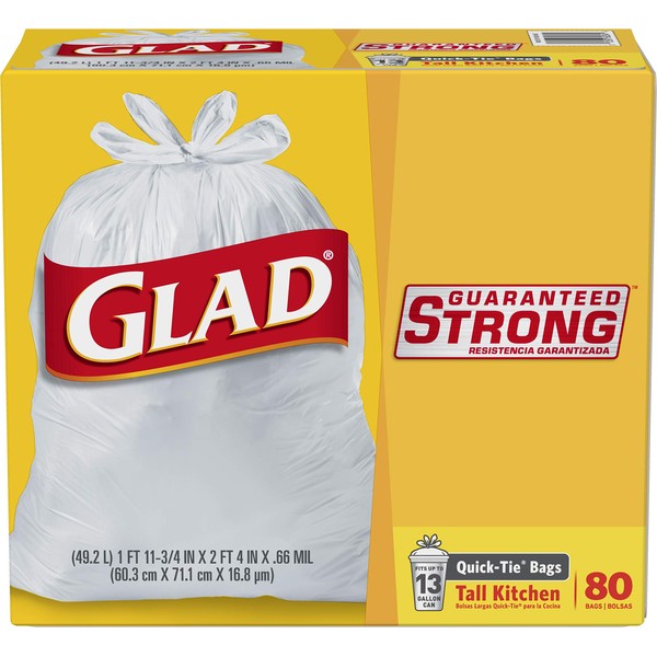 GLAD Quick-Tie 13 Gallon Trash Bags for Tall Kitchen Trash Can, 80 Count - Packaging May Vary, White