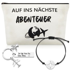 Patelai Reise Geschenkset Enthalten auf Ins Nächste Abenteuer Kosmetiktasche Reise Armband mit Kompass Anhänger Glücksbringer Schlüsselanhänger und Grußkarte für Reisende Geschenke für Auslandsjahr