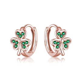 SLUYNZ 925 Sterling Silver Green Love Clover Hoop Earrings for Women Teens Irish Shamrock Huggie Earrings for St Patricks Day (C-Rose Gold)
