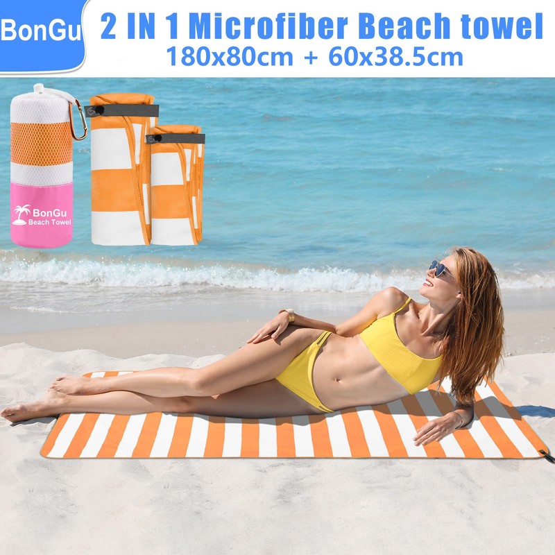 BonGu 2 Pack Beach Towel Set 180x80cm & 60x38cm Microfiber