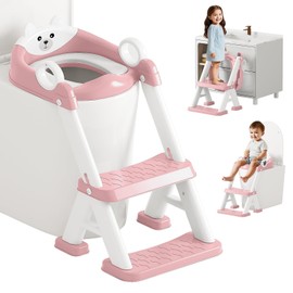 Potty Training Seat,Non Slip Foldable Toilet Training Seat with Soft Cushion, Comfortable HandlesUpgrade Toddler Toilet Seat for Kids Boys Girls,Potty Training Toilet Seat with Step Stool Ladder,Pink