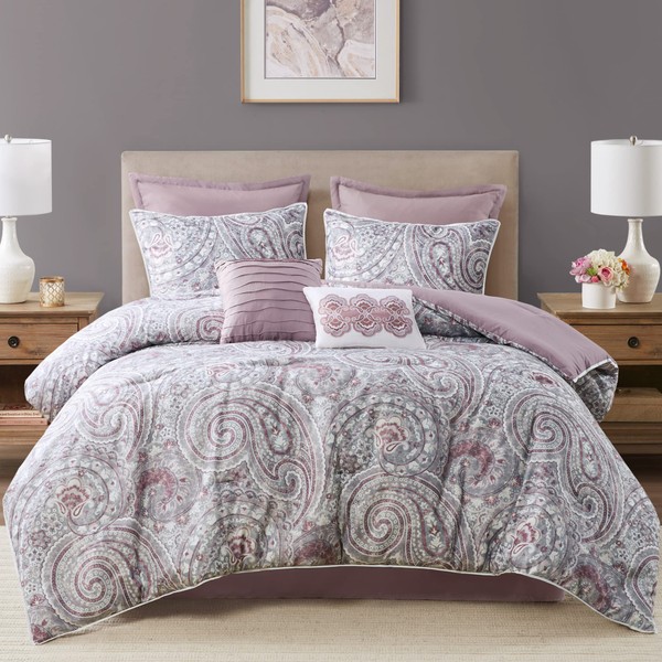 Comfort Spaces Cozy Comforter Set-Modern Classic Design All Season Down Alternative Bedding, Matching Shams, Bedskirt, Decorative Pillows, Queen, Kashmir Paisley Purple 8 Piece