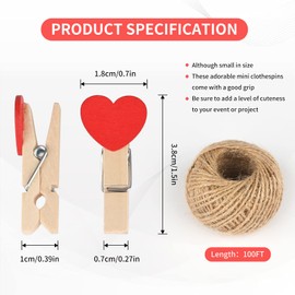 100PCS Mini Wooden Heart Pegs - 3.5cm Wooden Photo Display Clips - Tiny Wooden Clothes Pegs with 30 M Jute String for Arts and Crafts, Weddings & Events